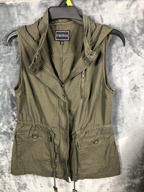 CEsttoi Womens Olive Green Sleeveless Utility Vest Jacket With Drawstring Waist